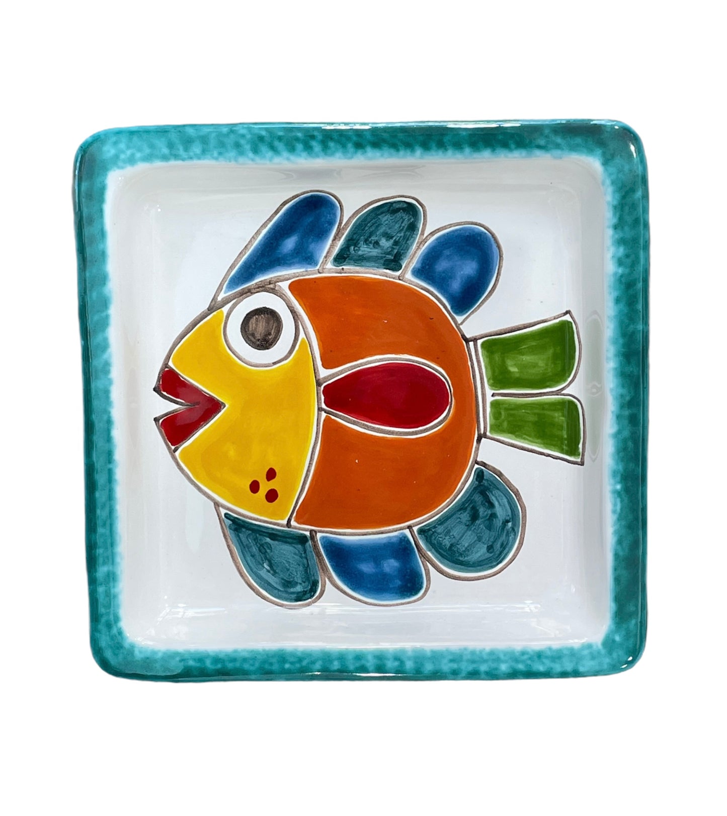 Piatto Quadrato Bordo Verde Pesce - Ceramiche Di Sicilia 