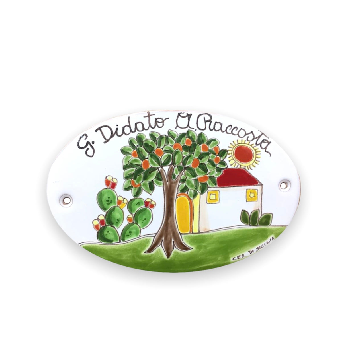 Targhetta Dietro Porta Ovale Casetta + Albero di Arance + Fichi D'india