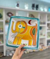 Square Plate with Green Elephant Edge