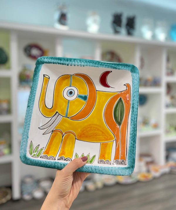 Square Plate with Green Elephant Edge